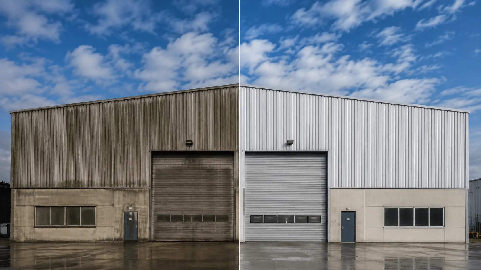 Vorher-Nachher-Vergleich: Industriehallen-Fassade vor und nach der Fassadenreinigung per Drohne