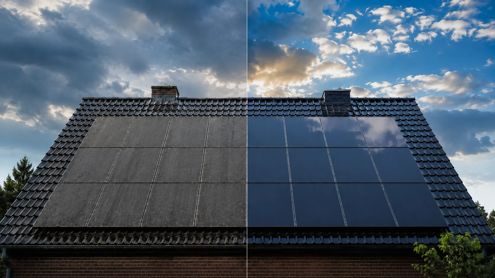 Vorher-Nachher-Vergleich: verschmutzte und per Drohne gereinigte Photovoltaik-Anlage auf einem Hausdach